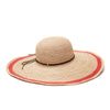 Crocheted raffia sun hat with leather trim and coral colored accent stripe around brim