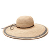 Crocheted raffia sun hat with leather trim and dove colored accent stripe around brim
