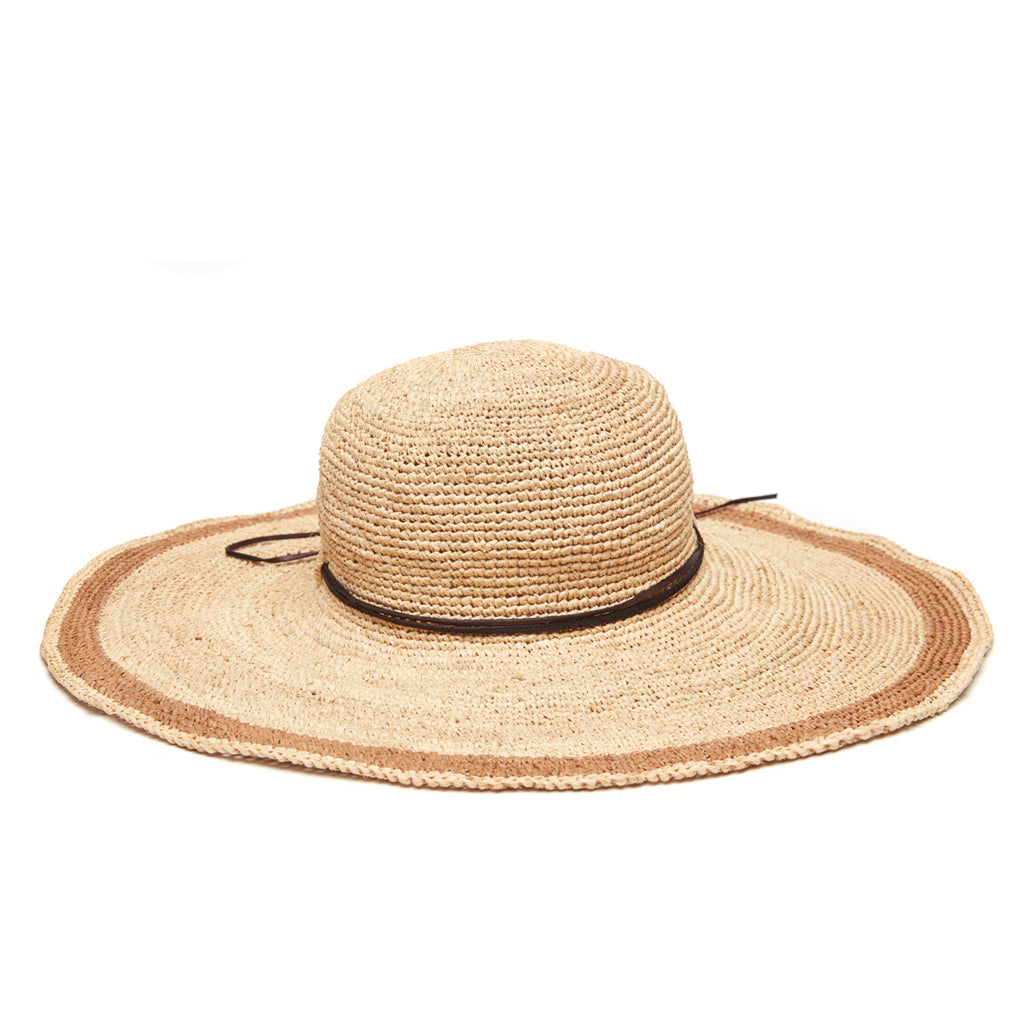 Crocheted raffia sun hat with leather trim and sand colored accent stripe around brim