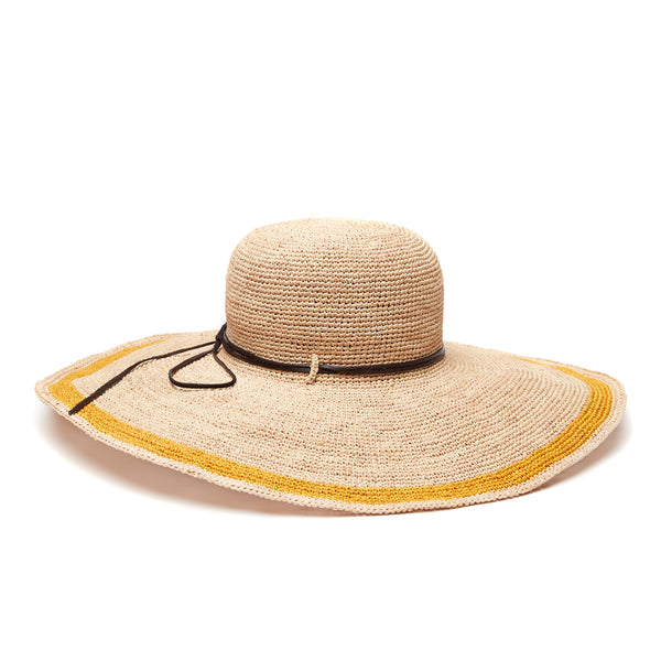 Crocheted raffia sun hat with leather trim and sunflower colored accent stripe around brim