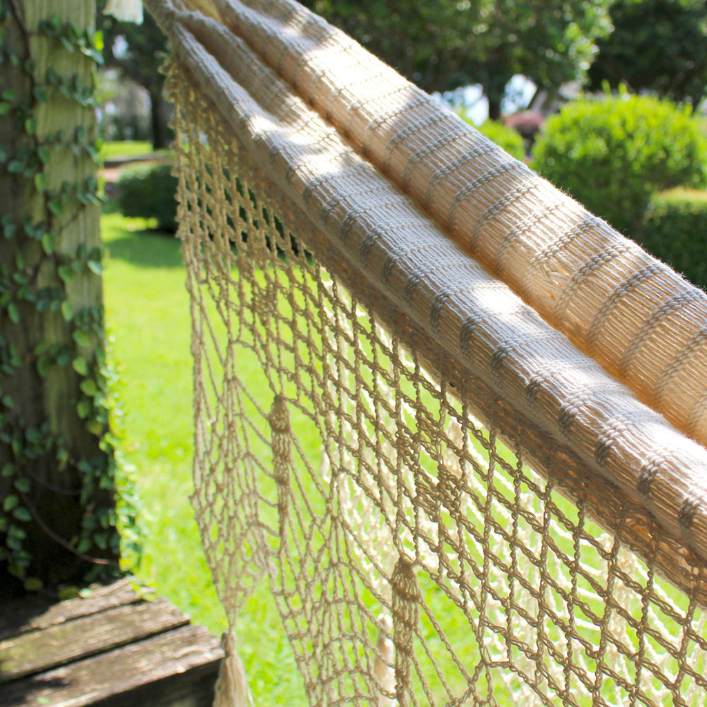 Close up of natural cotton hand-knotted hammock