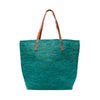 Aqua colored crocheted carryall with snap closure, cotton lining & leather straps