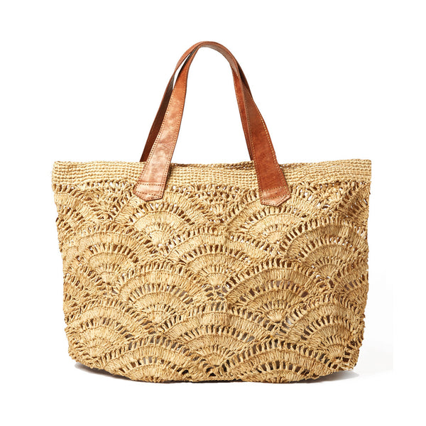 Natural colored crocheted open weave carryall with leather handles